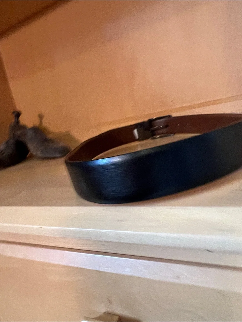 Reversible Black/Brown Leather Dress Belt with Textured Buckle
